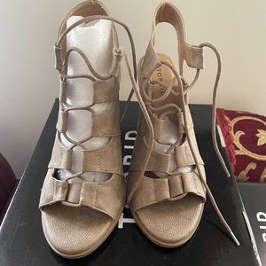 Tan Lace-Up Stacked Heel Sandal